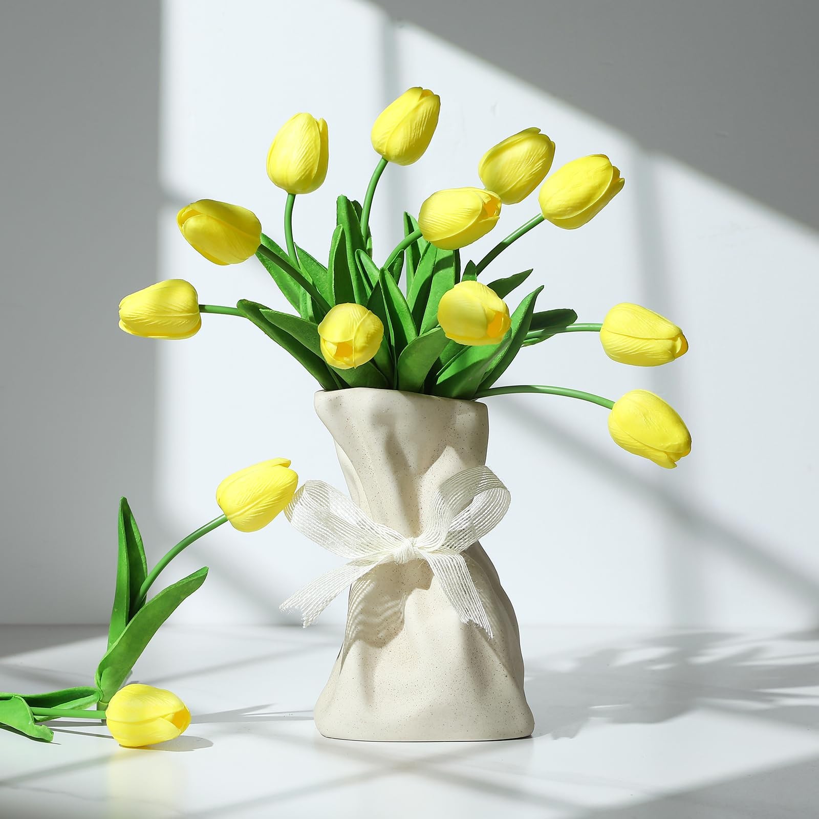 30 Pcs Artificial Tulips PU Faux Flowers, Yellow Real Touch Fake Tulips for V…