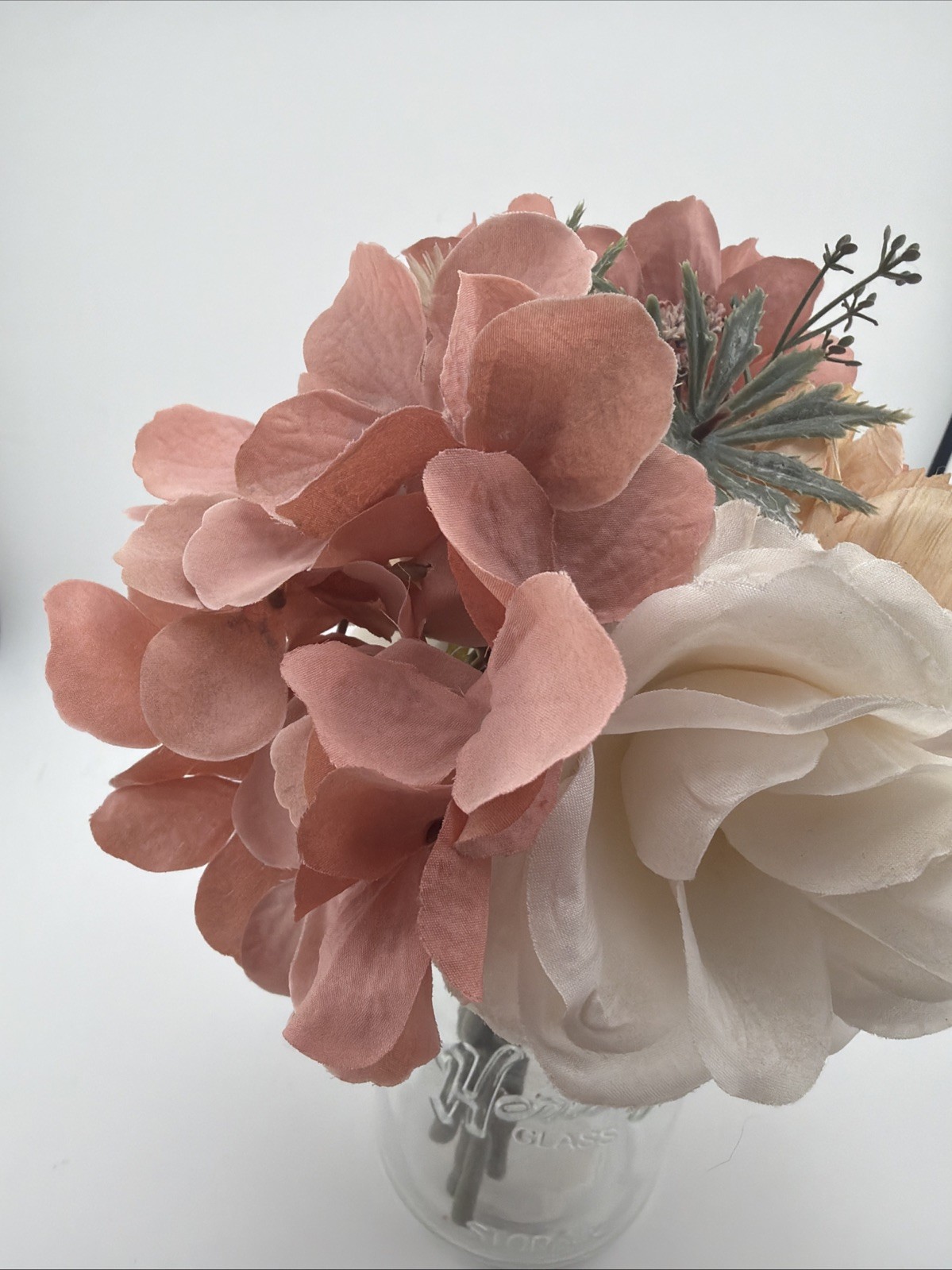 Flower Arrangement Rose, Blush, Peach, Green Mason Jar Artificial 11” Glass