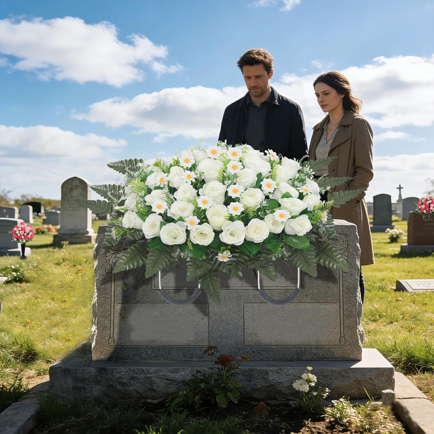 Headstone Flower Saddle,Large Artificial Cemetery Flowers for Grave Roses & C…