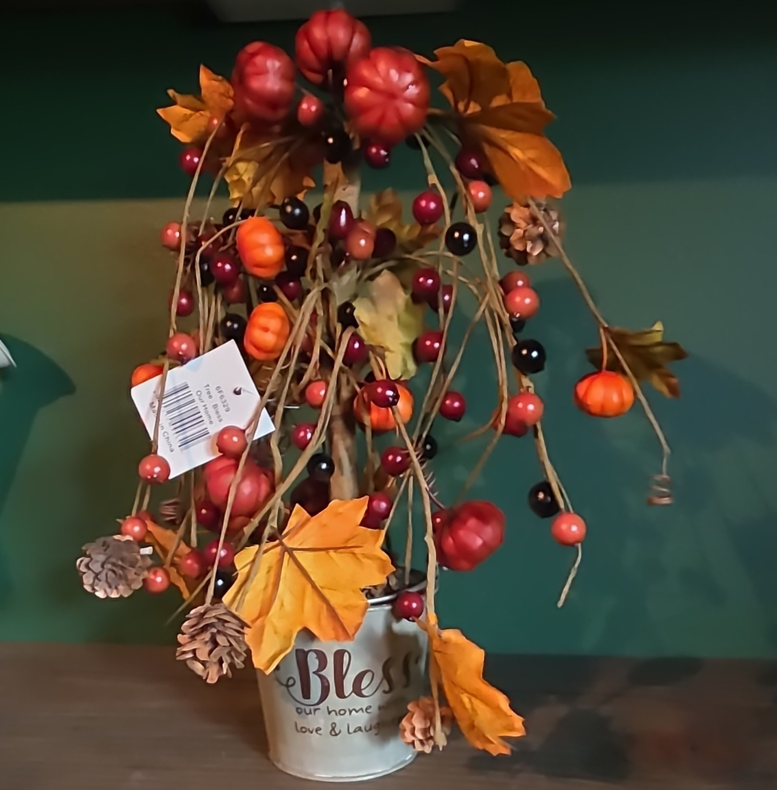 Artificial Fall Floral Arrangement Pumpkin Berry Leaf Pinecone Metal Bucket