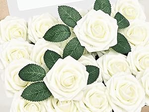 16Pcs Artificial Flowers Fake Roses with Stems, Ivory White Boxed Foam Roses for