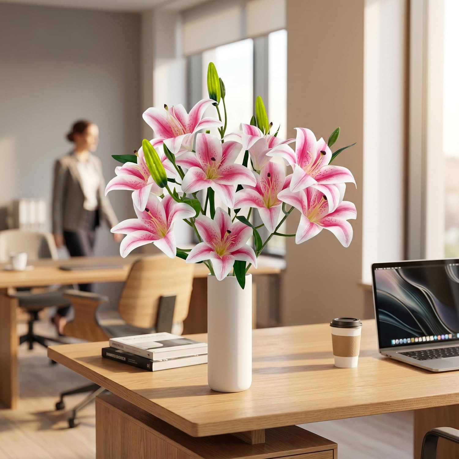 Artificial Lily Flowers with 9 Full Blooms & 3 Buds, Real Touch Long Stem Faux T