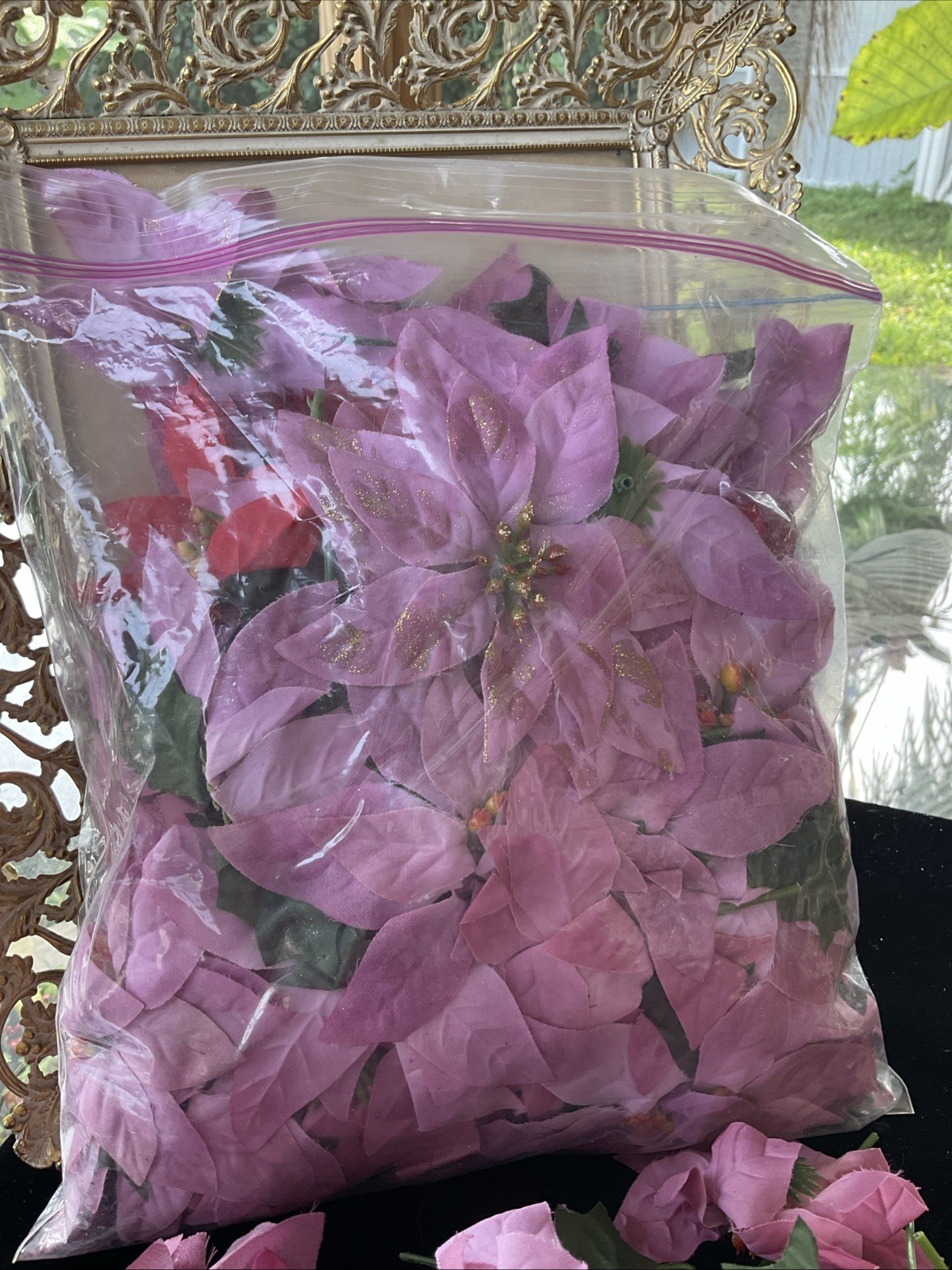 Pink Poinsettia Gold Glitter Artificial Flower Heads Pic Lot Holiday Decor Craft
