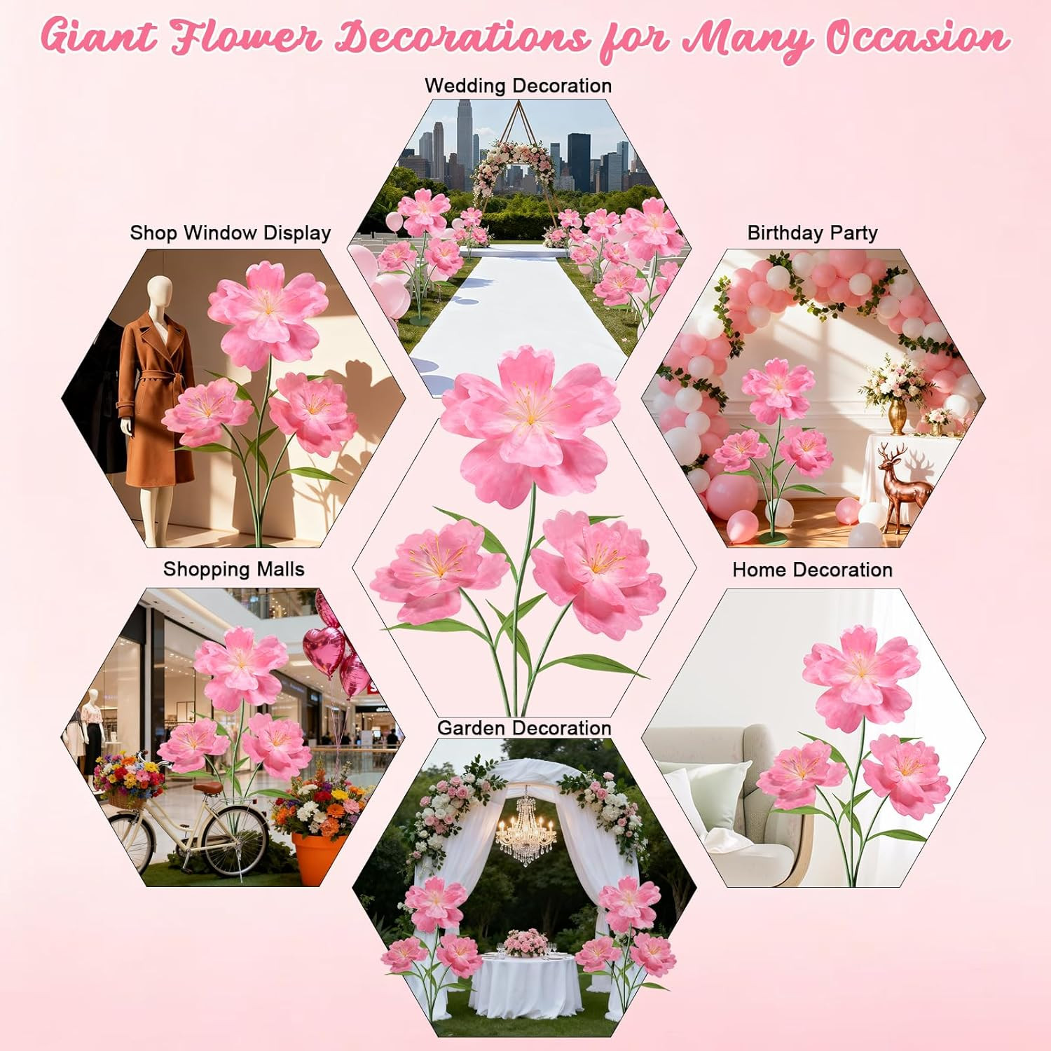 Giant Pink Artificial Flowers 5.6 Ft for Weddings, Parties & Photography Props