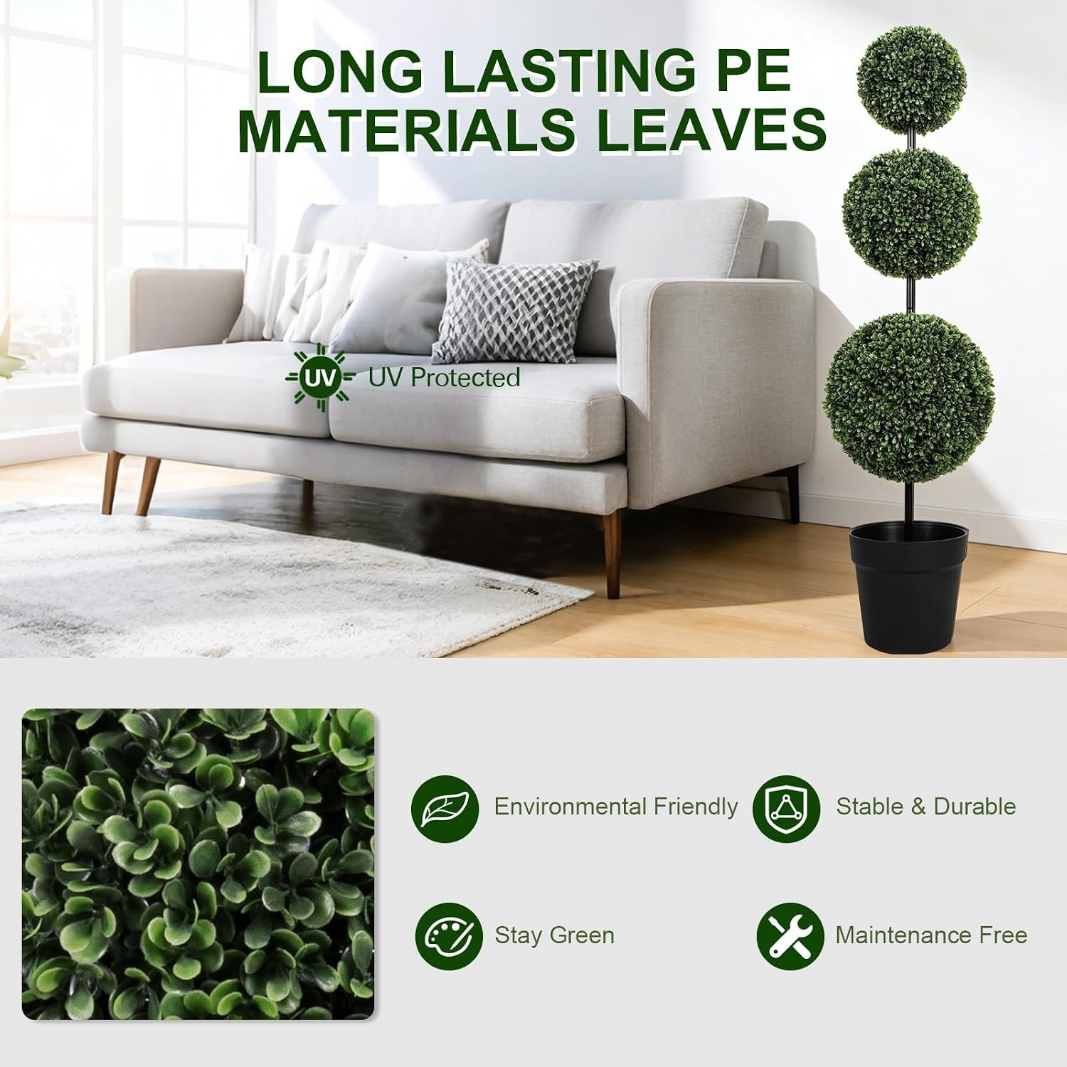 3FT UV-Resistant Artificial Triple Ball Boxwood Topiary Set of 2 All-Weather