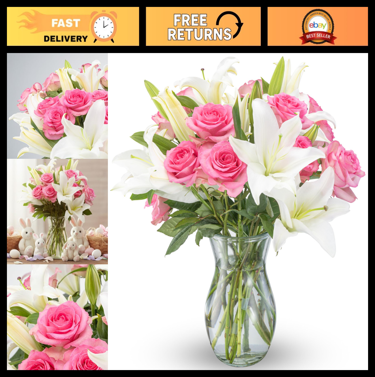 Stunning Oriental Lily & Pink Roses Bouquet – Fresh Flowers in Vase – Romantic G