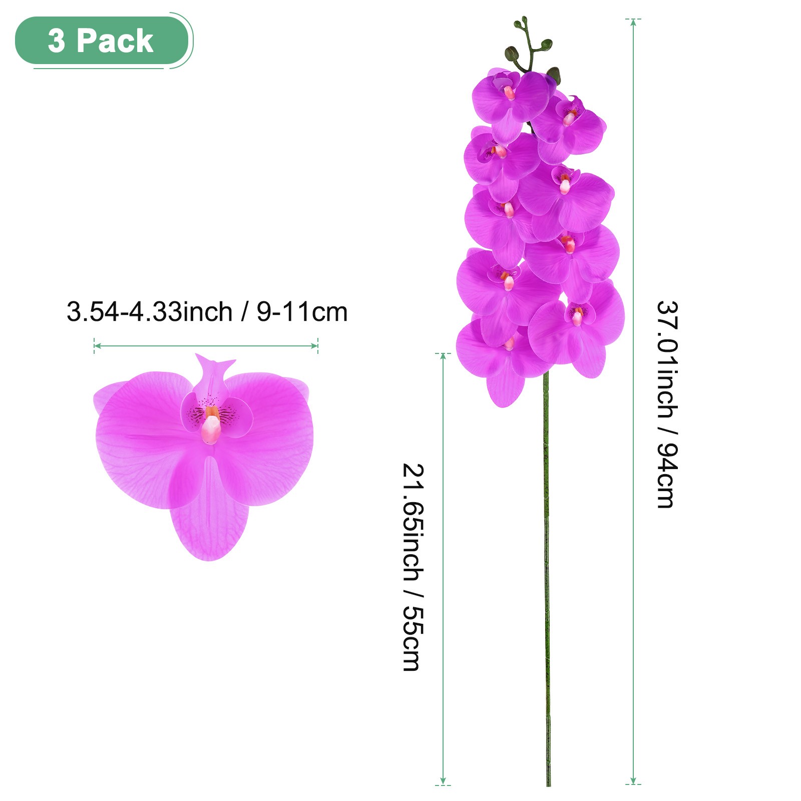 3-Pack Artificial Orchid Flowers 9 Large Petals for Home[Dark Purple]