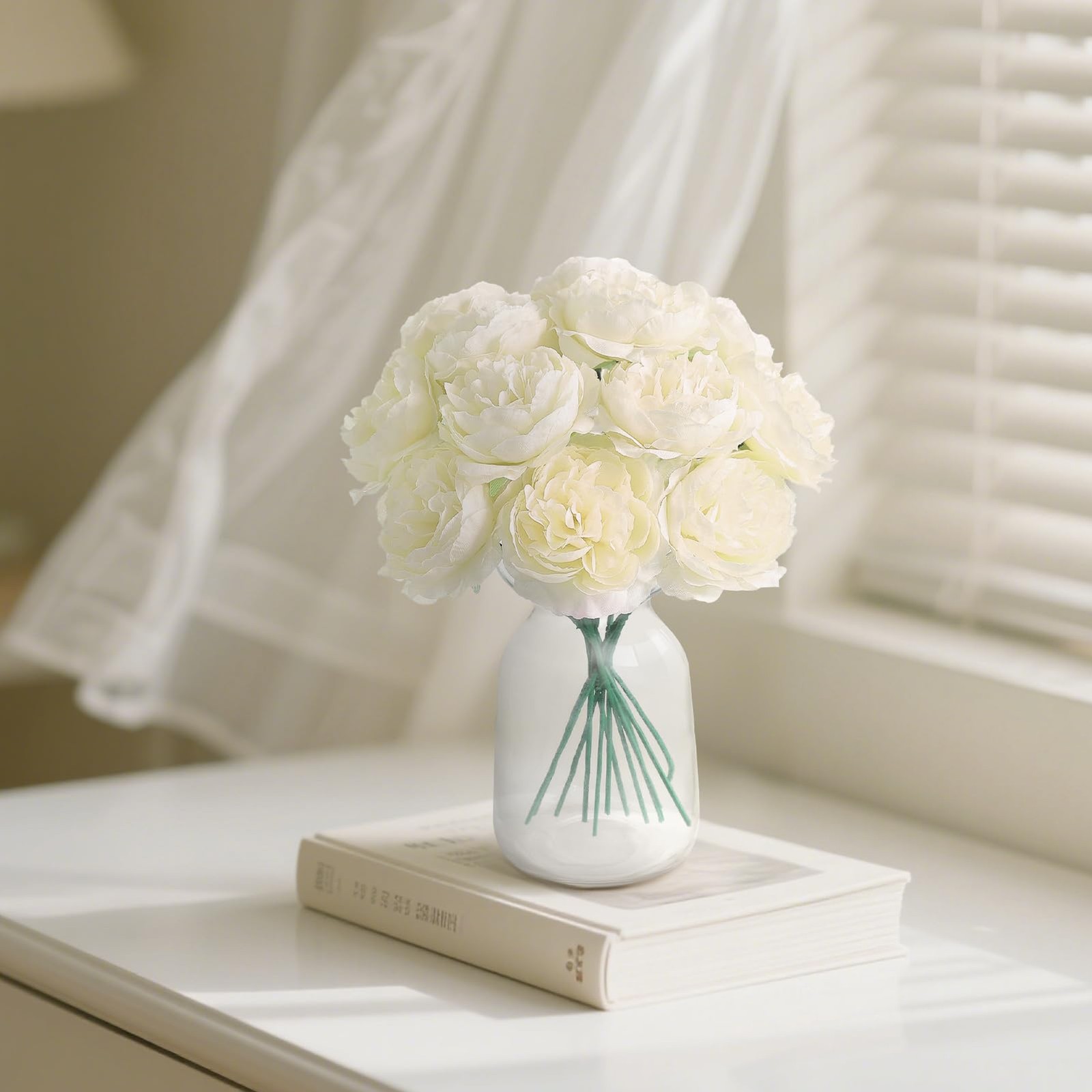 12 PCS Artificial Silk Ivory Peony Flowers with Stems – 8 Inch Fake Peony Bou