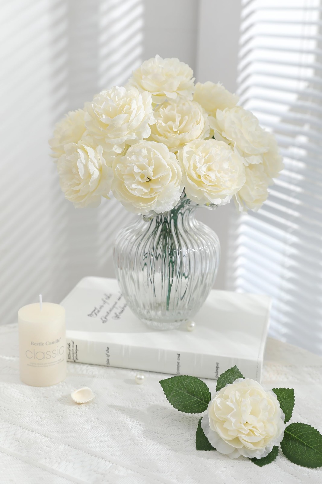 12 PCS Artificial Silk Ivory Peony Flowers with Stems – 8 Inch Fake Peony Bou