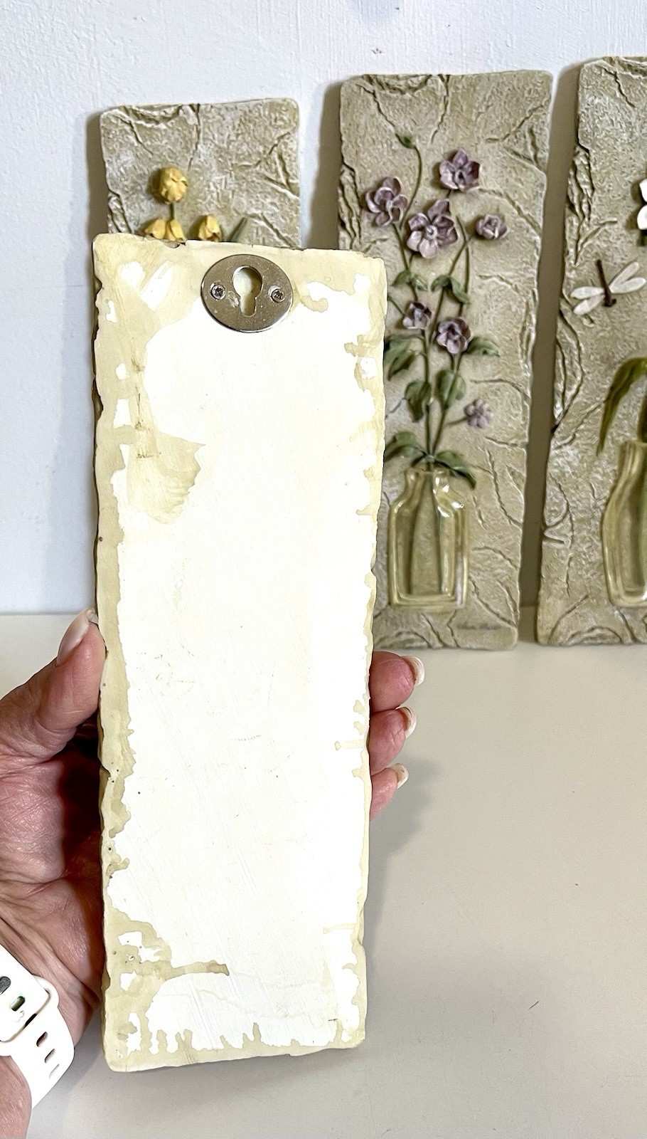 4 Cheri Blum Floral Wall Art 3D Tile Plaque Long Stem Translucent Clear Vase VTG