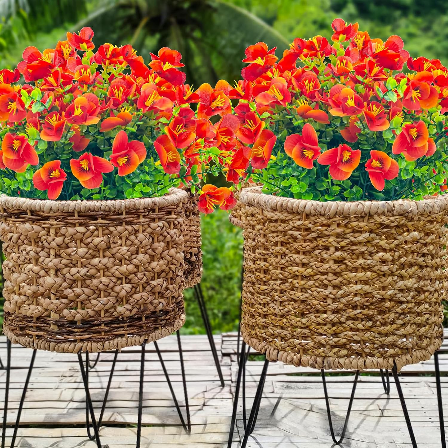 UV Resistant Faux Outdoor Flowers – 20 Bundles of Orange Red Shrubs
