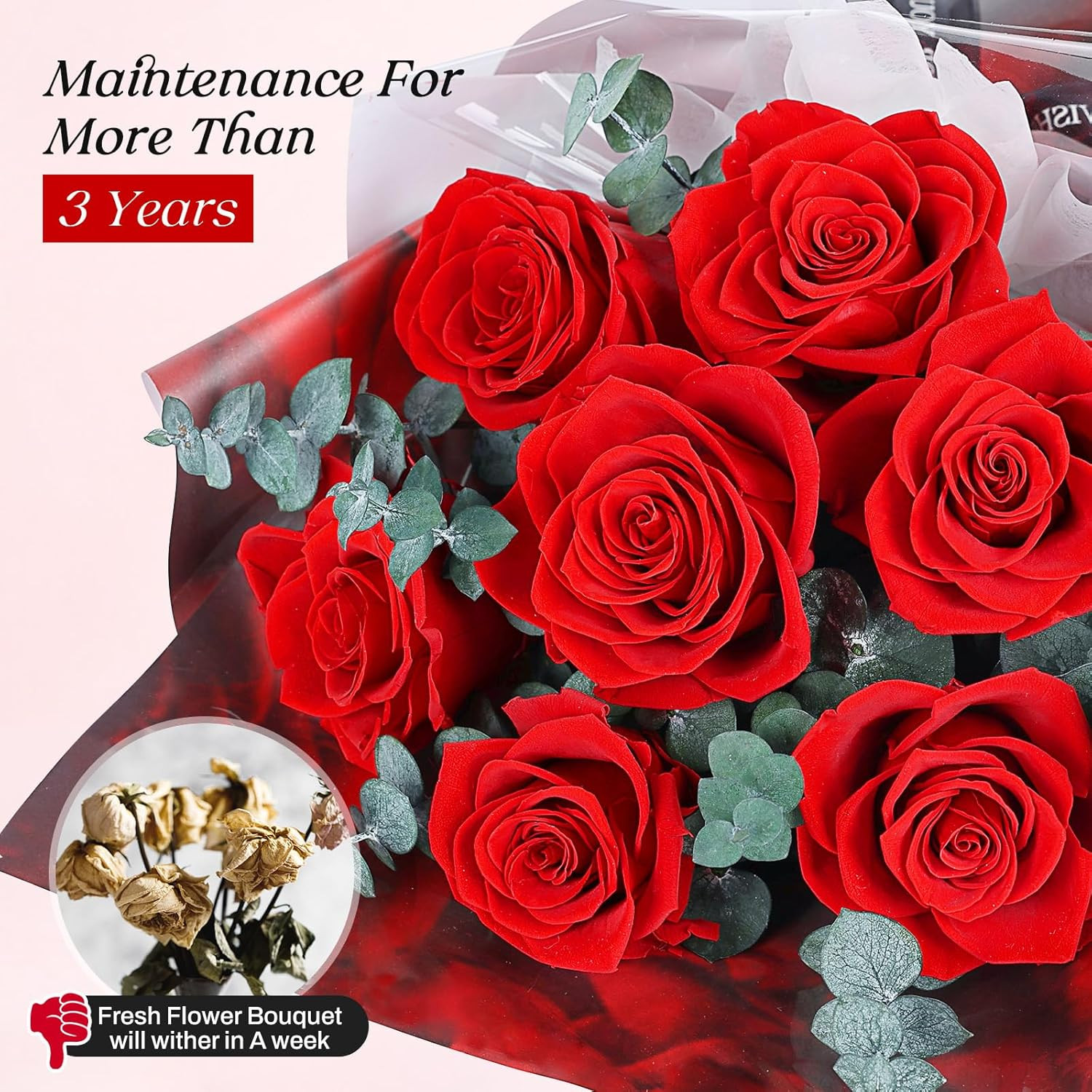 Preserved Flowers Bouquet 7 Roses – Red Real Rose & Flowers for Delivery, Eterna