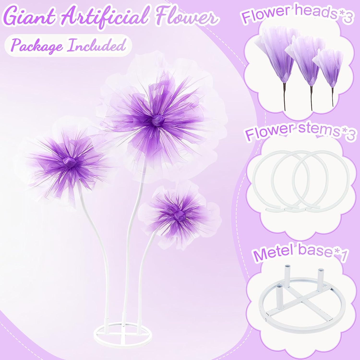 Giant Purple Silk Flowers – 3PCS 5.9Ft Decor for Weddings & Home Events