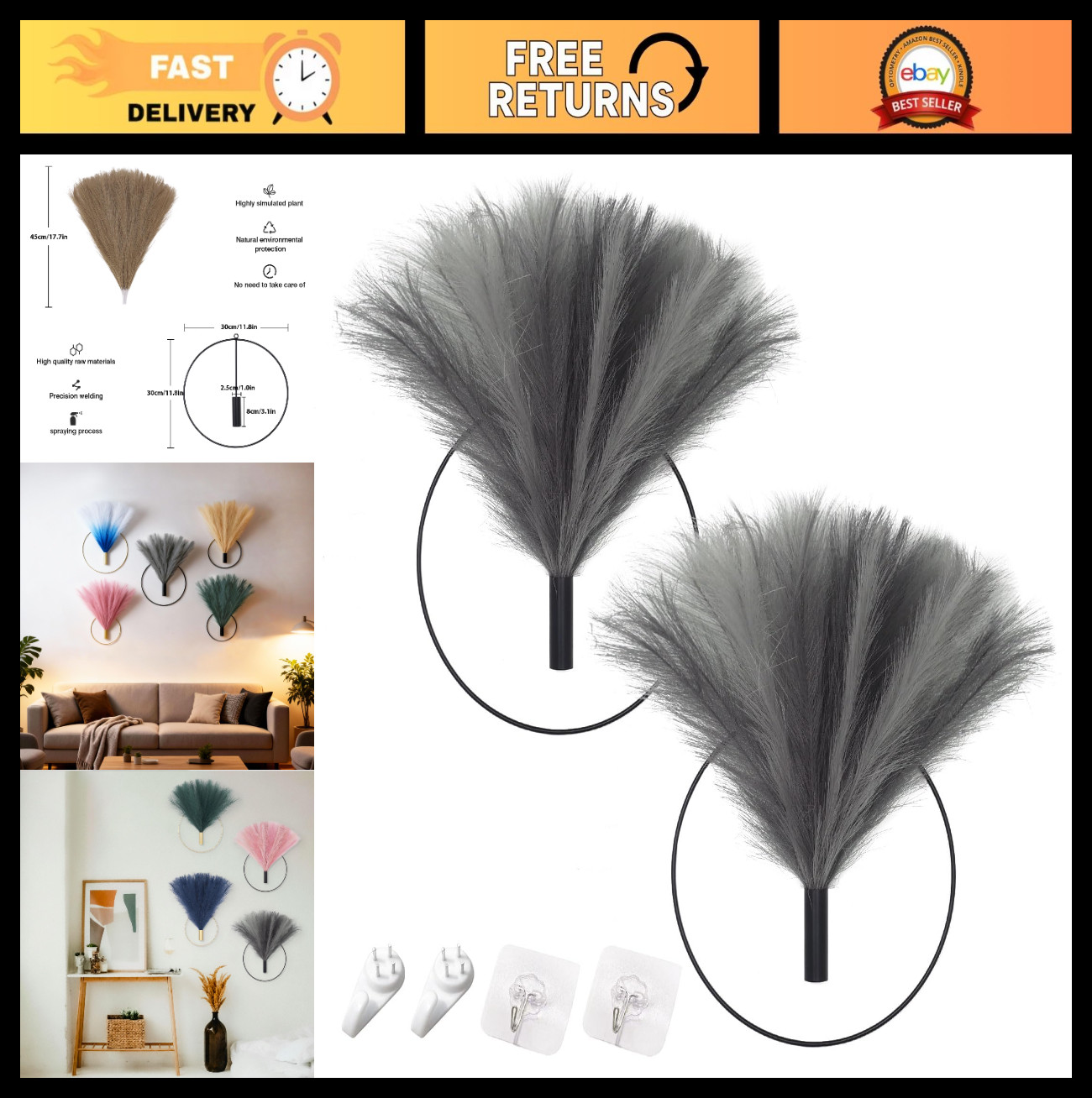 Boho Wall Decor – Metal Hanging Art, Pampas Grass Display for Living Room, Bedro