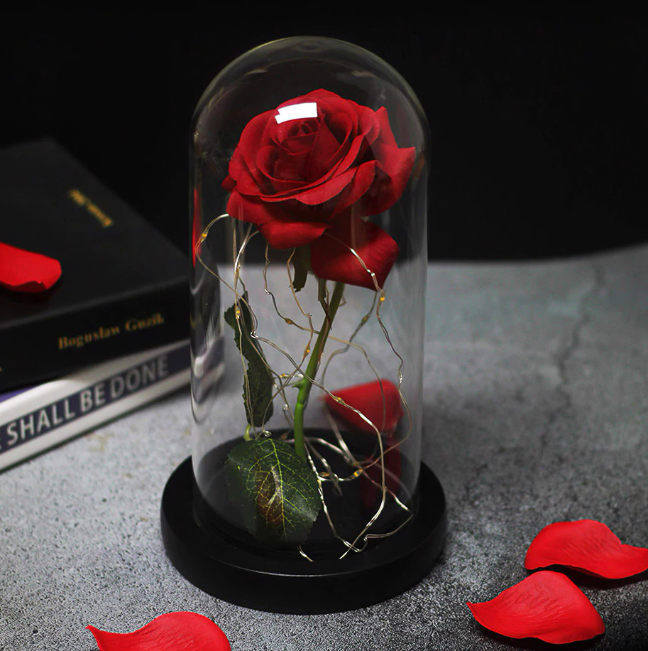 Red Rose In Crystal Clear Glass Dome with Soft White LED Lights – Color of Love