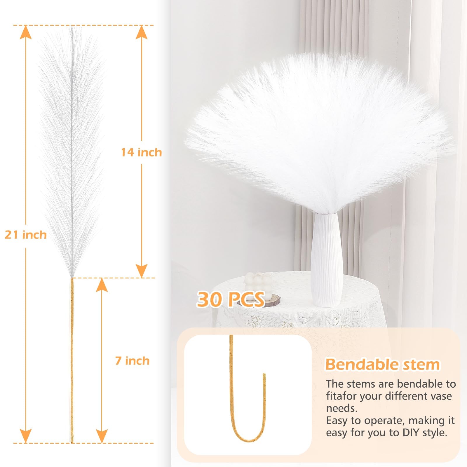 30 PCS White Pampas Grass Decor 21.7 Inch Faux Bulk Artificial Dried Flowers