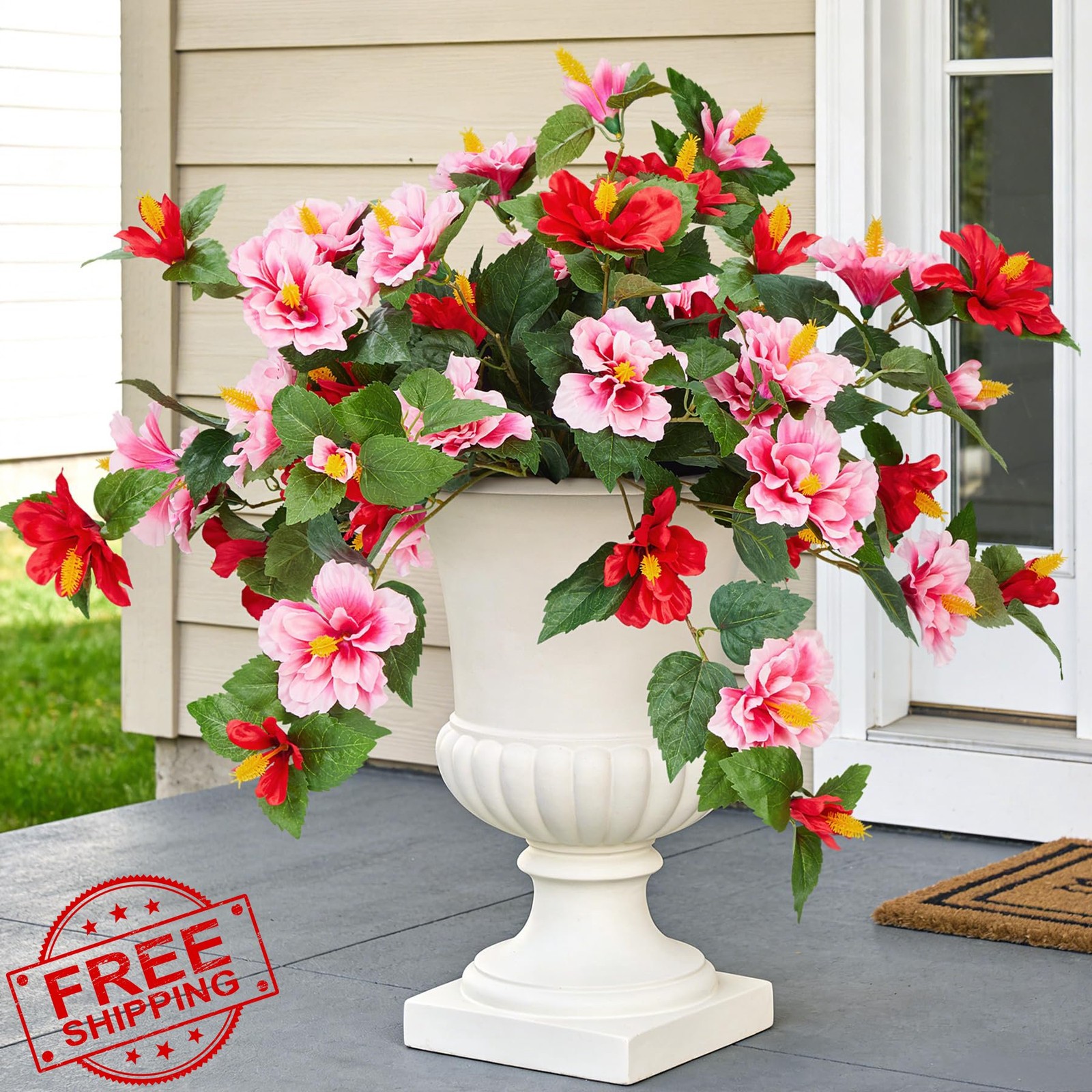INXUGAO Red Pink Artificial Hibiscus Flowers 2 Bunches UV Resistant