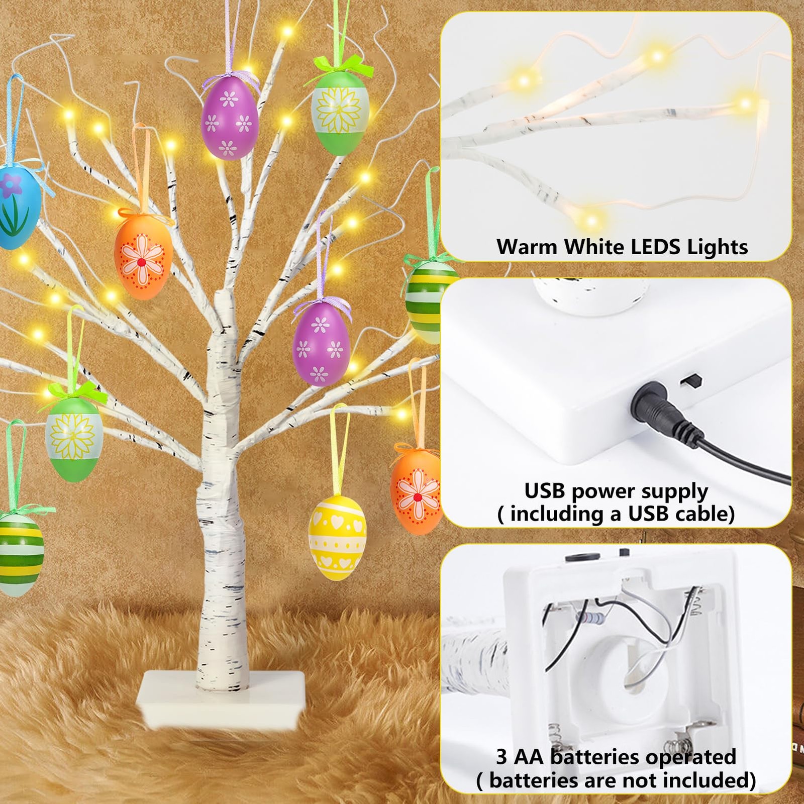 24″ Easter Lighted Birch Tree with 12pcs Ornaments, Warm White LEDs Tabletop …