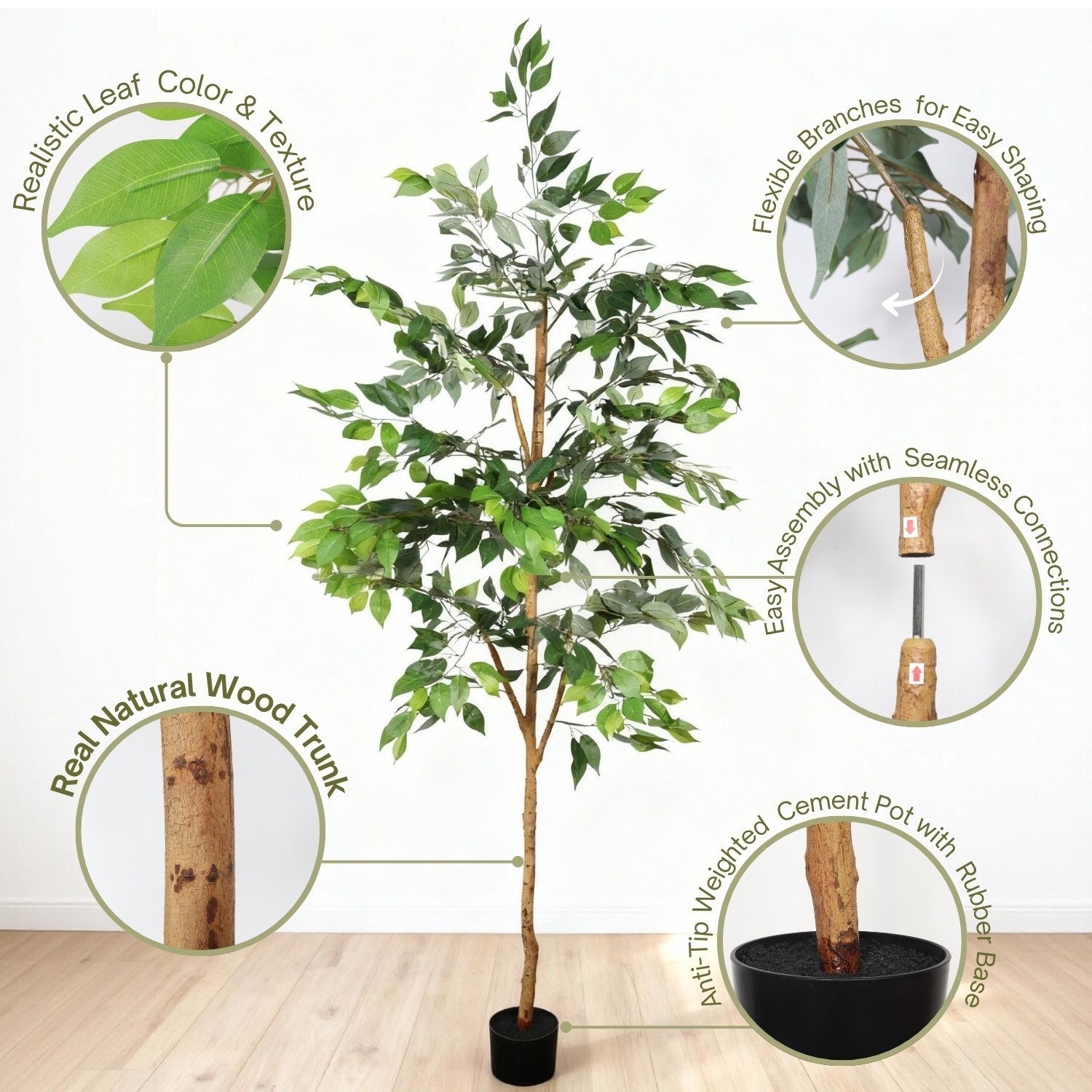 6FT Artificial Ficus Tree Natural Trunk Fake Potted Plant with Black Pot