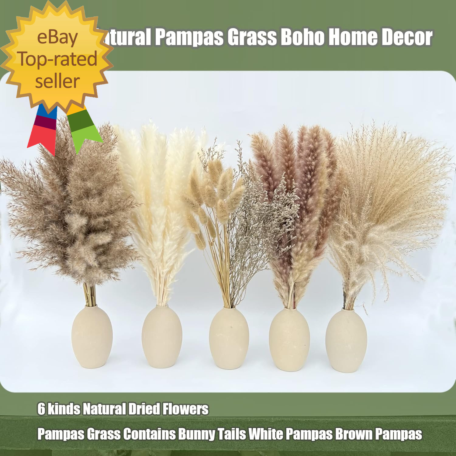 100Pcs Pampas Grass Boho Home Decor 17 Inch Natural Dried Flowers-Pampas