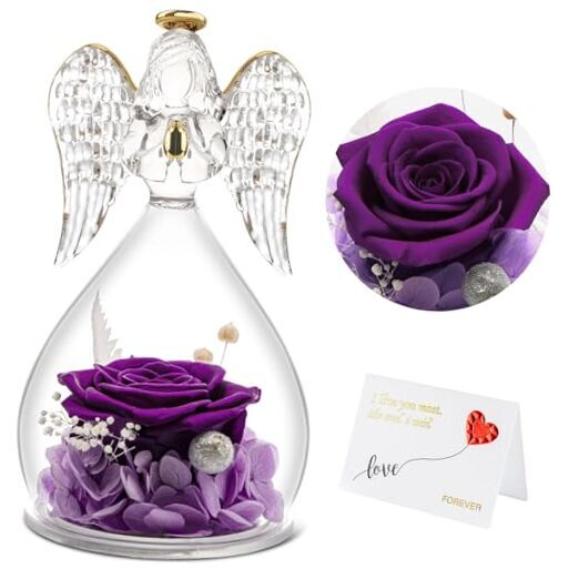 Mom Birthday Gifts for Mom Grandmas, Angel Figurines with Real Rose Purple