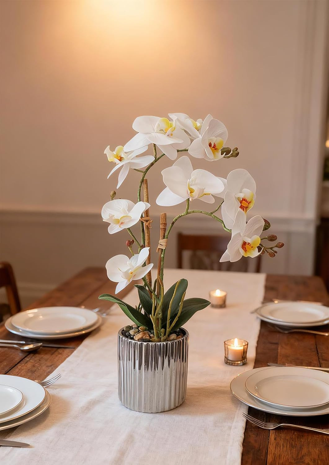 Realistic White Orchid Plant in Silver Vase – Elegant Home Decor Centerpiece