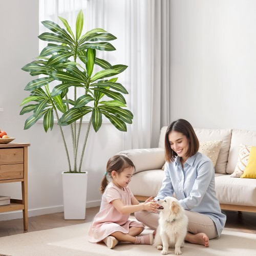 Artificial Dracaena Tree 6 ft, Fake Palm Tropical Plants with White Tall Planter