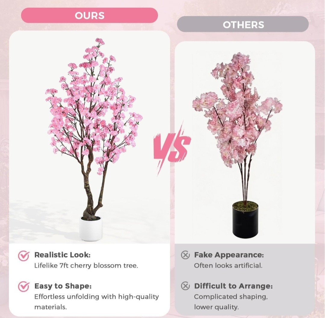 Artificial Pink Cherry Blossom Tree Topiary 7 ft in White Pot Floral Decor