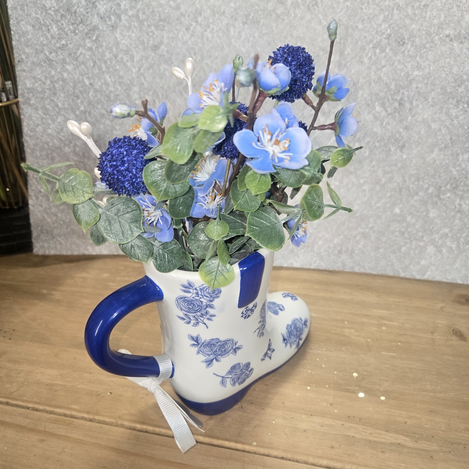 Flower Arrangement Porcelain Boot Vase Assorted Fake Flowers
