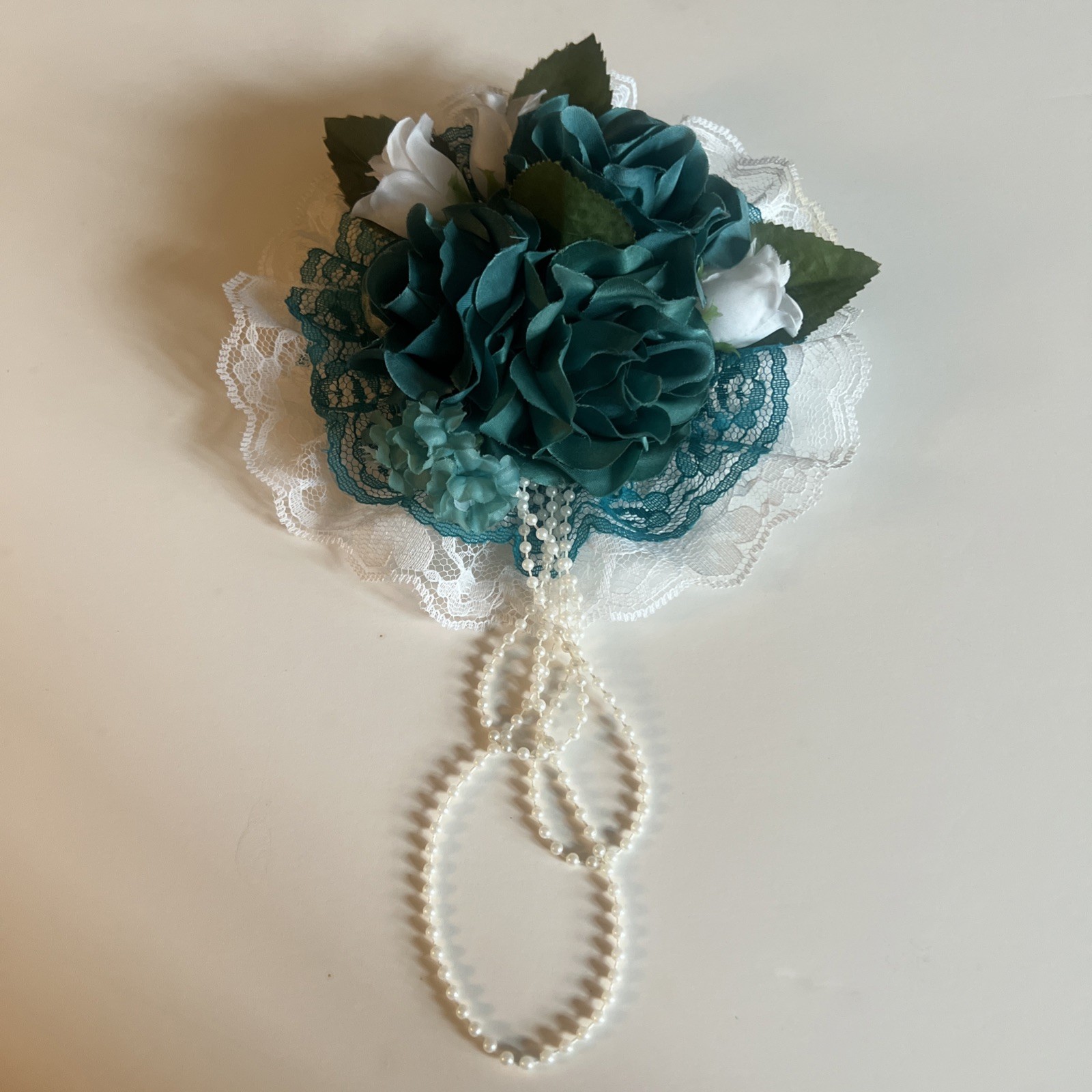 Faux 3” Open Roses Bouquet Silk Flowers Teal Corsage Artificial 7” Wide C 11” L