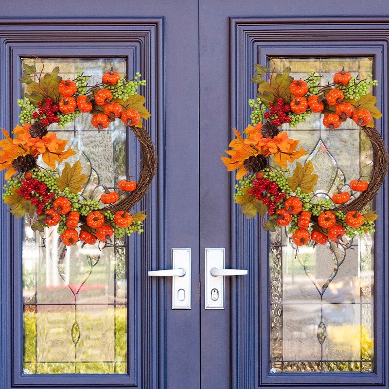 Artificial Autumn Fall Wreath for Front Door or Porch, Pumpkin