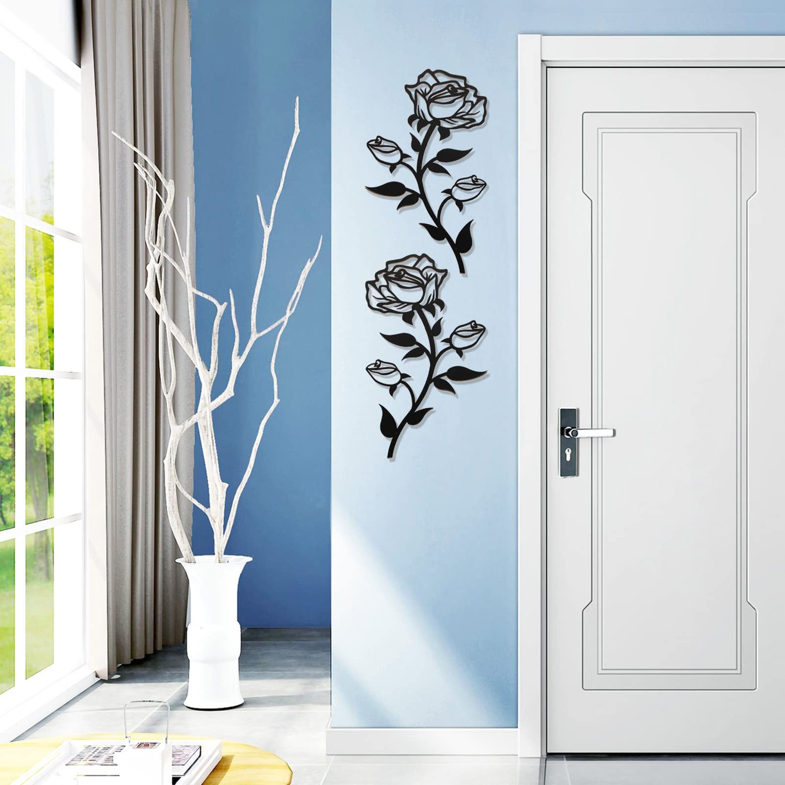 ESTART Black Metal Rose Flower Wall Decor for 15″L x 9″W, 1 Piece