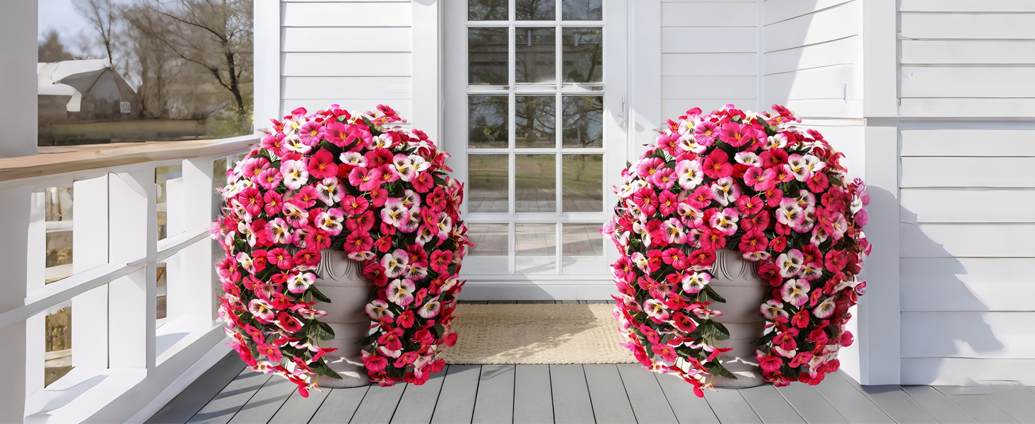 Artificial Flowers for Outdoors, 2pcs Faux Silk Pansies Flowers UV Resistant