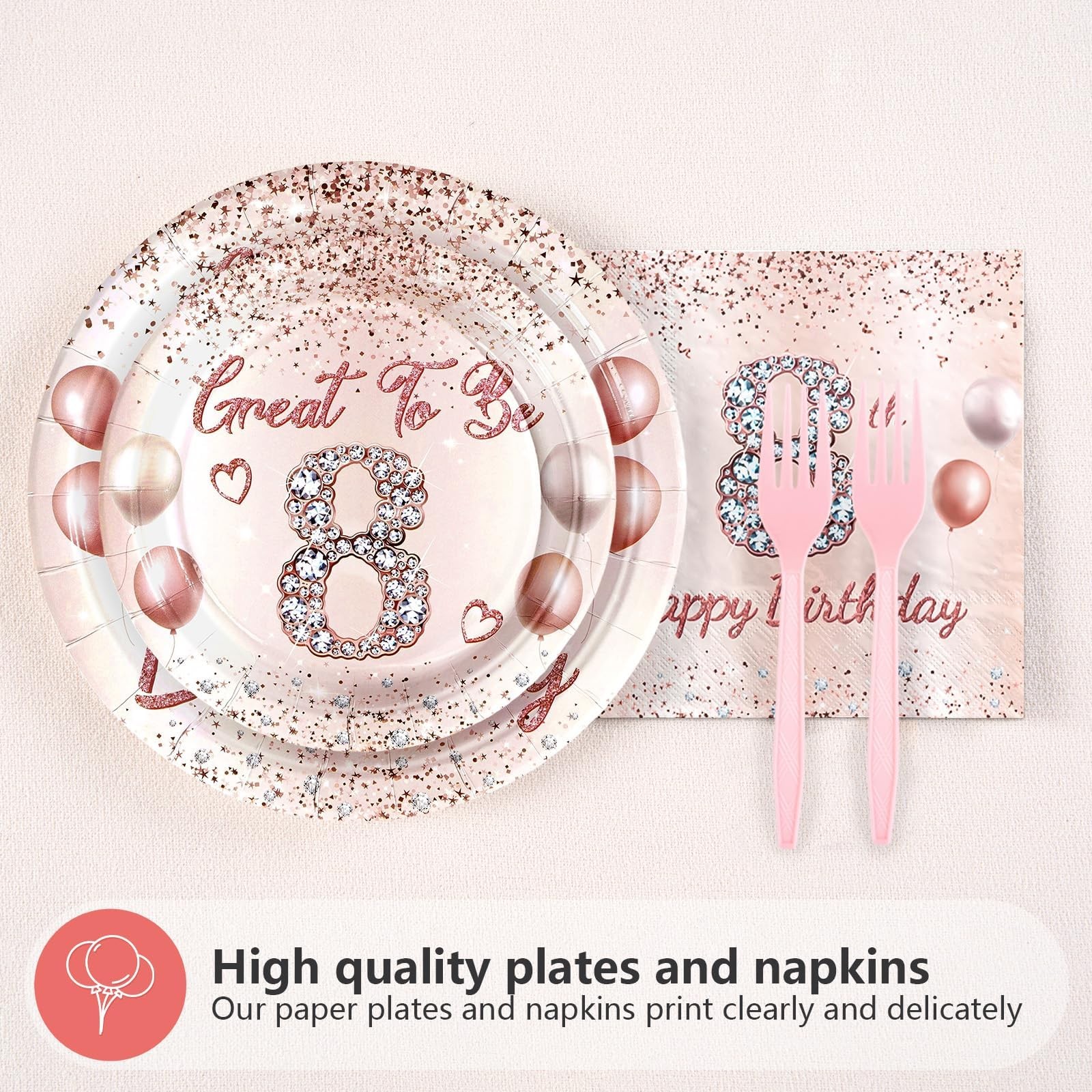 96 PCS 8th Birthday Party Supplies Girls Rose Gold Tableware Set Serves 24
