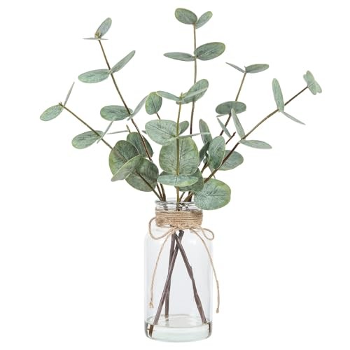 Artificial Eucalyptus Stems in Glass Vase with Faux Water, 15″ Green-2