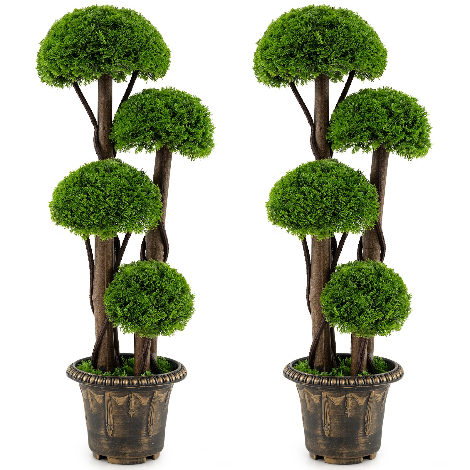 2PCS Artificial Cypress Topiary Ball Tree w/Retro Cement-filled Planter, Vines