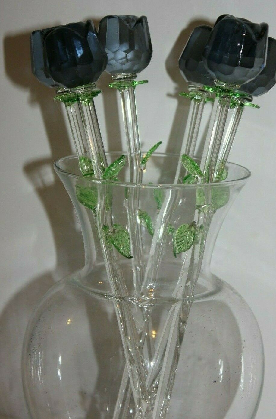 Bouquet of 6 x 12″ Black Glass Roses with Green Leaves, Halloween House decor!