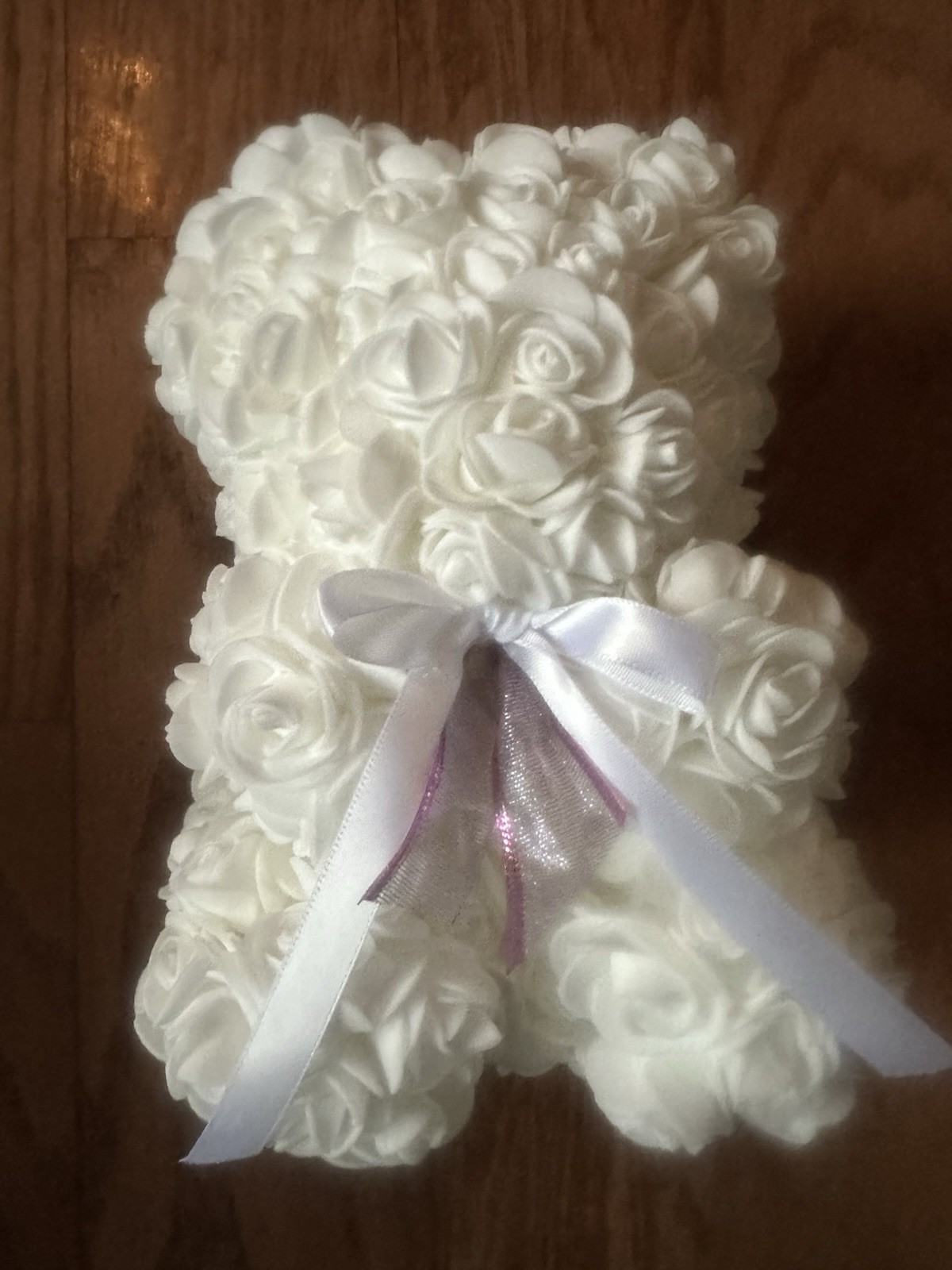 Floral Romantic Rose Teddy Bear, 9.5”~Pink,Purple,OR White Satin Bow,White Roses