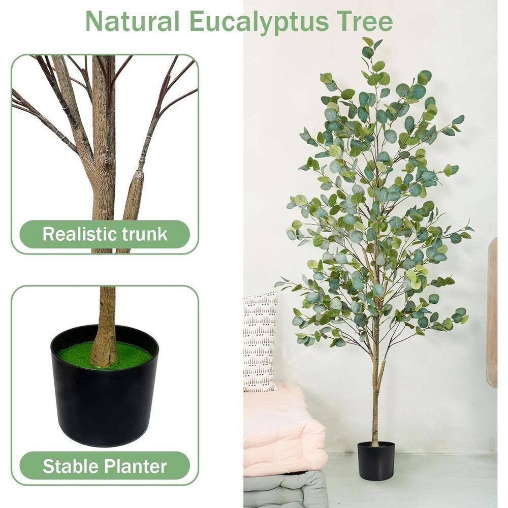 72 in Artificial Eucalyptus Outdoor Fake Floor Plants with Natural Wood Trunk