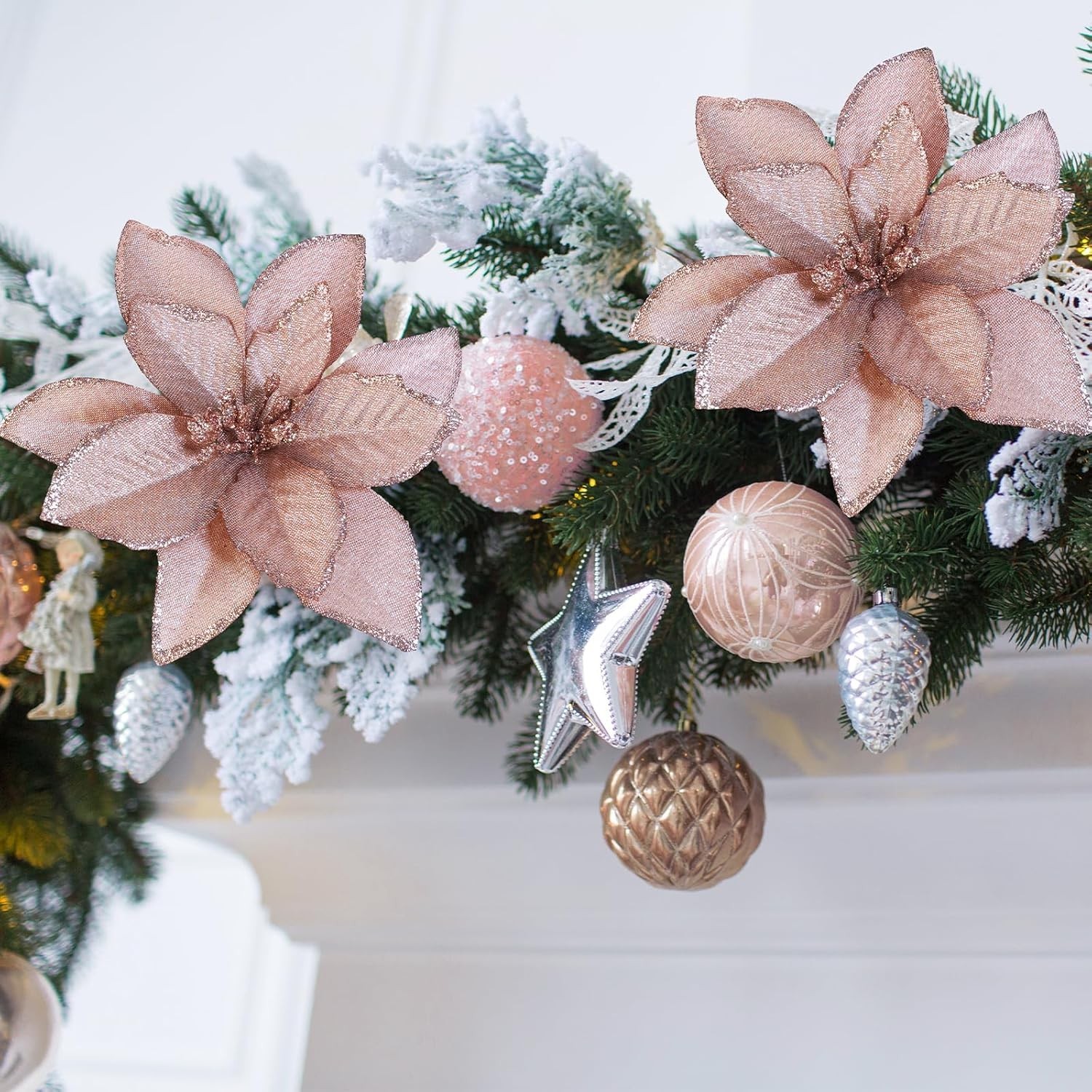 24 Pcs Christmas Glittered Poinsettia Floral Picks Rose Gold Artificial Silk Poi