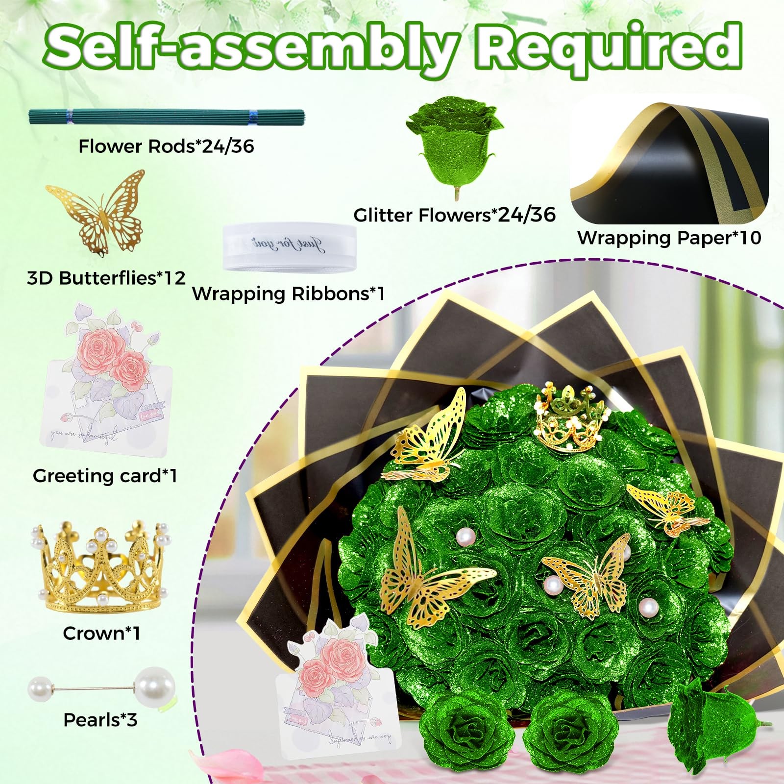 24 PCS Lime Green Shiny Glitter Roses Bouquet Everlasting Artificial Flowers