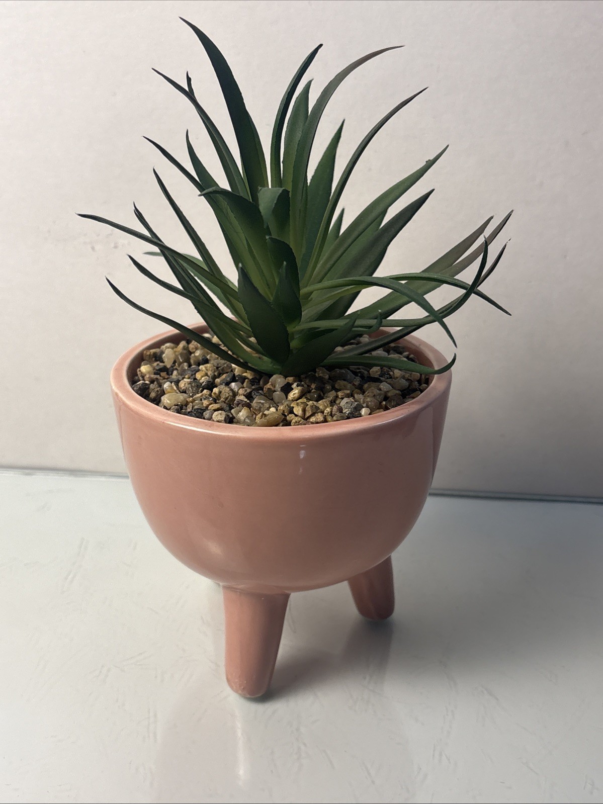 Ceramic Planter w Faux Succulent Pink Tripod Pot Mid Century Style Decor