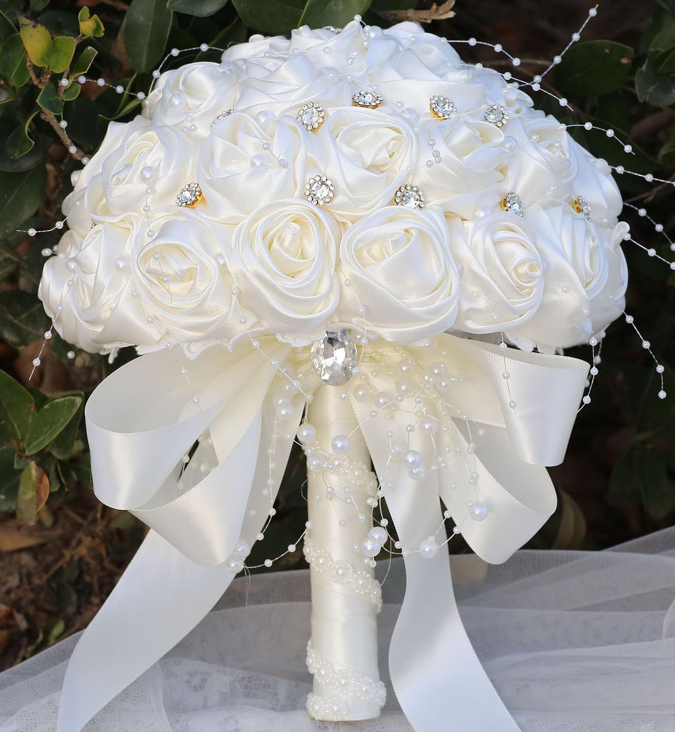 Bridal Wedding Bouquet Round Bling Brooch Toss Artificial Rose Ivory 6.3 Inch
