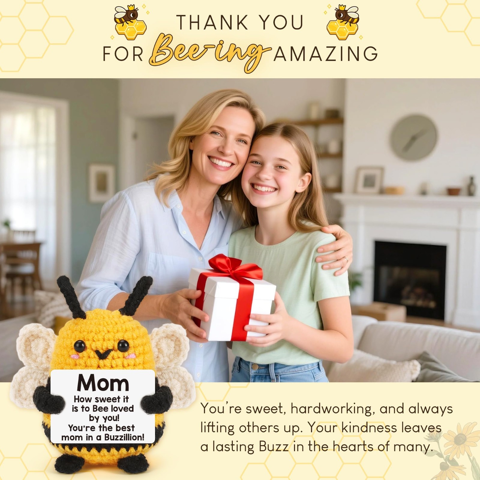 Unique Gifts for Mom – Crochet Bee Positive, Birthday Gift for Women, Handmade P