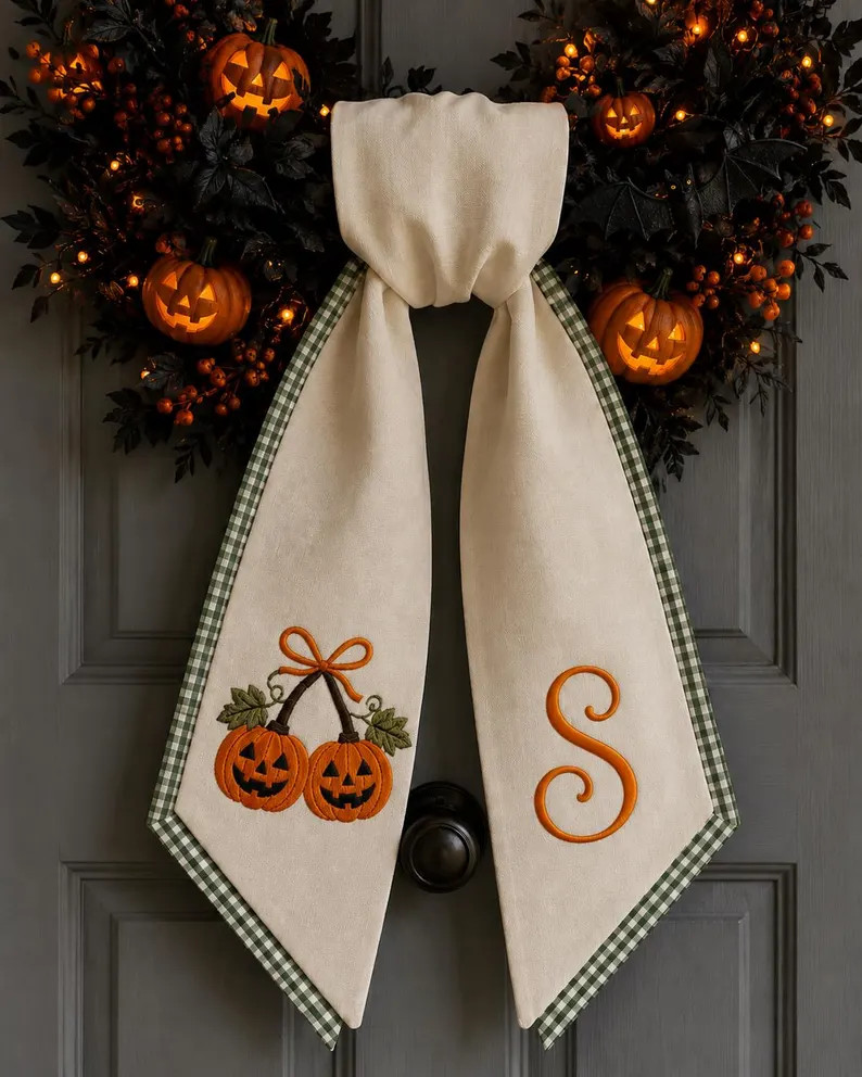 Custom Embroidered Monogrammed Halloween Pumpkin Wreath Sash Spooky Fall Decor