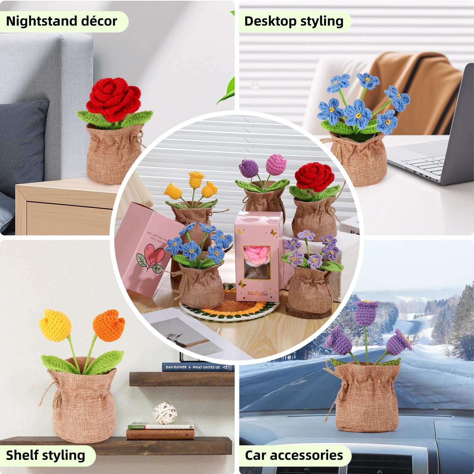 Crochet Flower Plant Empathetic Gift Women Men Desk Decor Blue Myosotis Home
