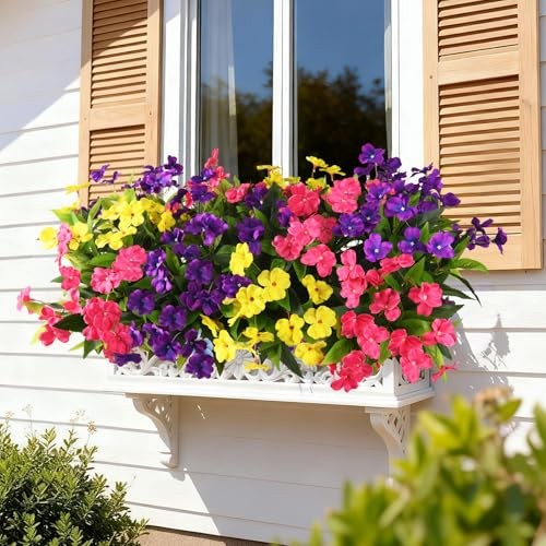 Artificial Impatiens Flowers for Outdoors, 6 Bundles Purple,yellow,pink
