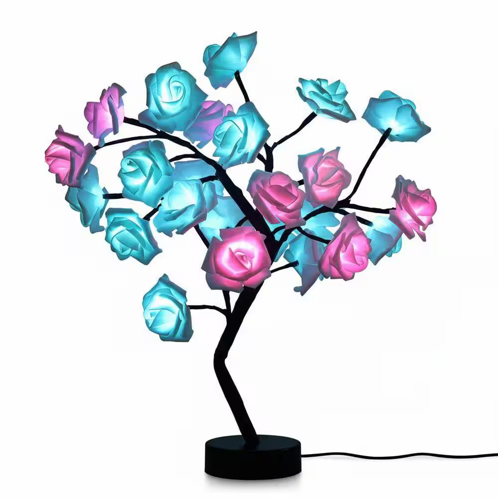 Artificial Rose Flower Tree LED Night Light Bonsai Style Tabletop Tree in Pot fo
