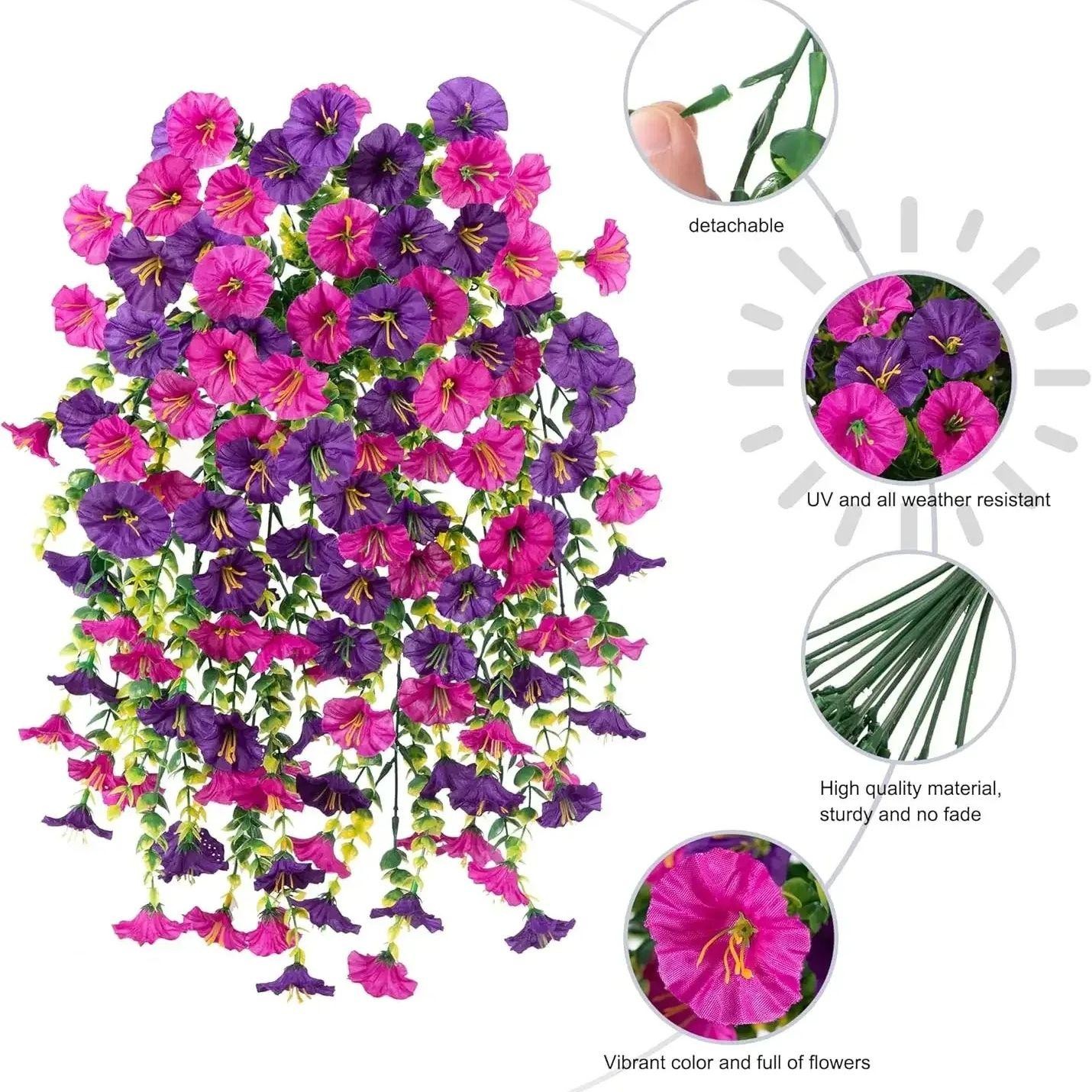 Artificial Hanging Flowers Purple Morning Glory Vines UV Resistant Decor