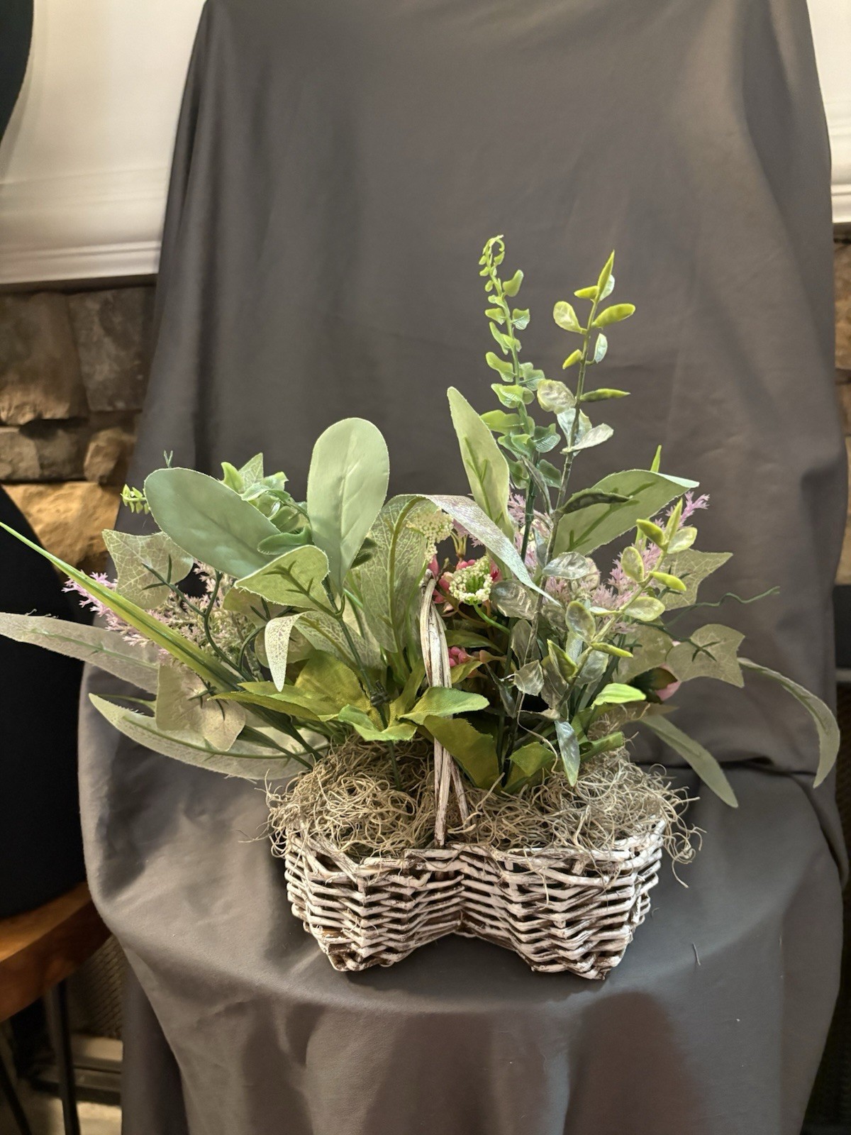 New Handmade Floral Arrangement 15 X 21” Purple Flowers In Heart Basket SKU HW6